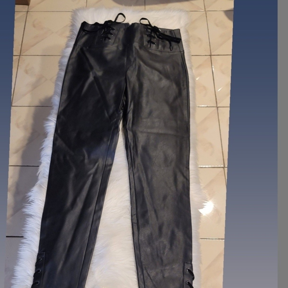 Black Lace-Up Leather Pants